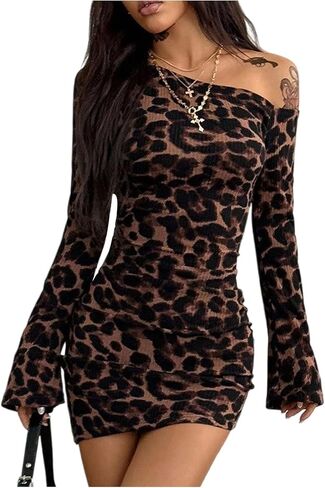 SOLY HUX Women's Off The Shoulder Bodycon Dress Long Sleeve Asymmetrical Going Out Mini Dresses Black Leopard Small in Saudi Arabia
