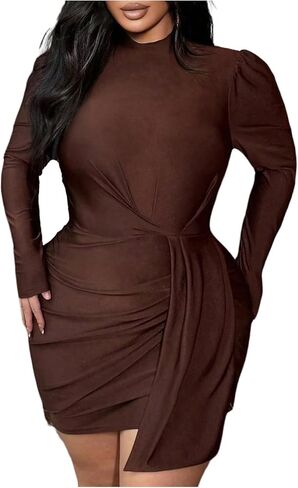 فستان Floerns نسائي قصير الأكمام بمقاس كبير وأكمام طويلة مكشكش للحفلات الليلية in Saudi Arabia