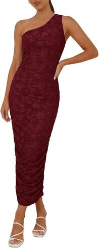 فستان Herou النسائي بكتف واحد مزين بالزهور بدون أكمام مكشكش فستان طويل أنيق لحفلات الكوكتيل مع بطانة للنساء in Kuwait