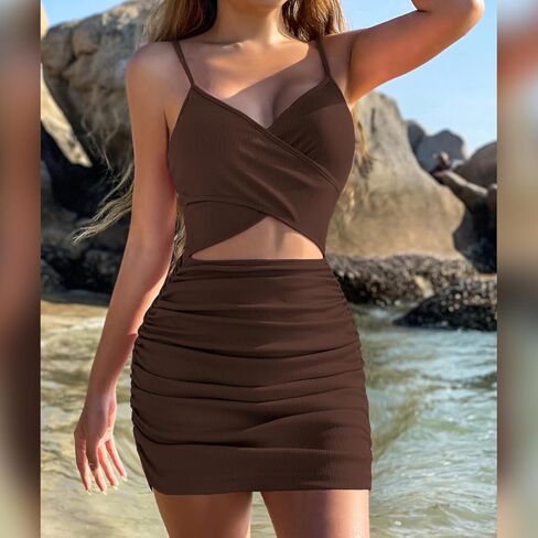Women's Sexy Lace-Up Dress Sleeveless Cross-Back Straps Ruffled Fitted Mini Party Dress Club Wear in Saudi Arabia