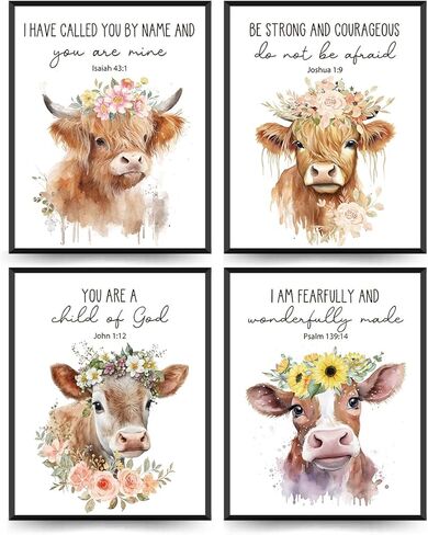ETVISO Highland Cow Wall Art, Western Cow Summer Spring Floral Watercolor Wall Art Prints,Nursery,Classroom Baby Wall Decorations For Nursery Farmhouse Posters Picture,8x10 Inch Set Of 4 Unframed in Saudi Arabia