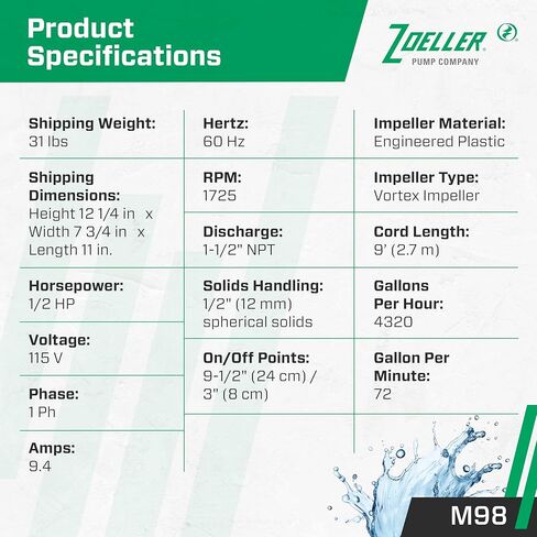 Zoeller 98-0001 115 فولت 1/2 حصان موديل M98 Flow-Mate أوتوماتيكي من الحديد الزهر حوض غاطس أحادي الطور / مضخة مياه ... in Kuwait