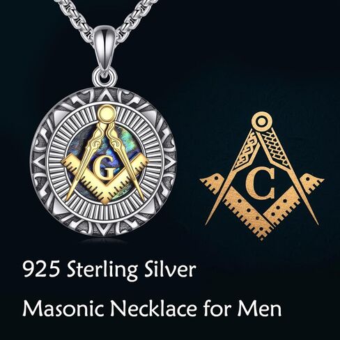 925 Sterling Silver Masonic Necklace for Men Women, Freemason Signet Freemasonry Pendant Mason Master Necklaces Fine Jewelry Gifts for Him, 22"+2" in Kuwait