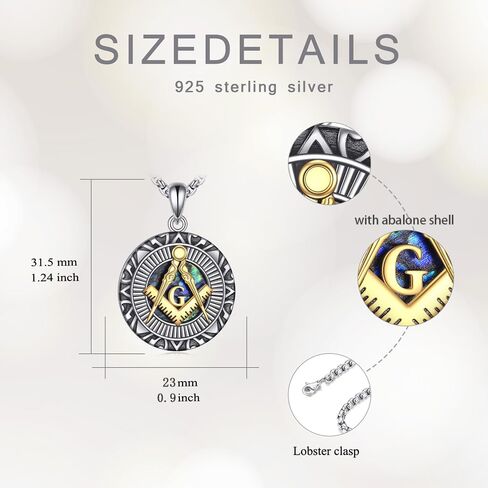 925 Sterling Silver Masonic Necklace for Men Women, Freemason Signet Freemasonry Pendant Mason Master Necklaces Fine Jewelry Gifts for Him, 22"+2" in Kuwait