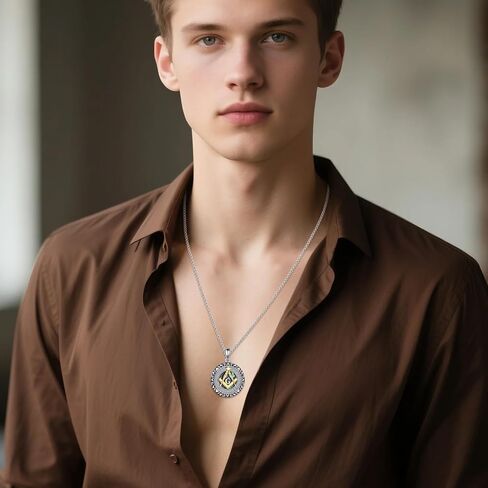 925 Sterling Silver Masonic Necklace for Men Women, Freemason Signet Freemasonry Pendant Mason Master Necklaces Fine Jewelry Gifts for Him, 22"+2" in Kuwait