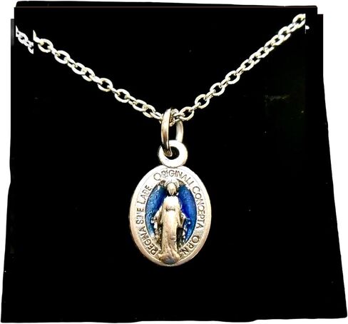 Tiny Miraculous Medal Necklace, Latin Version, Blue Enamel Accented Medal measures (.5 Inches), 20" Stainless Steel Cable Chain in Kuwait