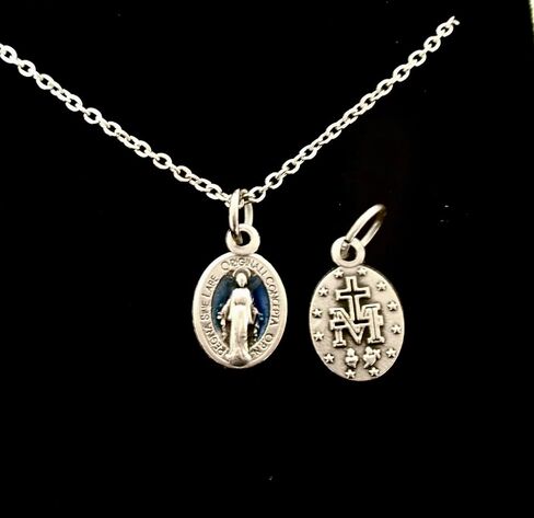 Tiny Miraculous Medal Necklace, Latin Version, Blue Enamel Accented Medal measures (.5 Inches), 20" Stainless Steel Cable Chain in Kuwait