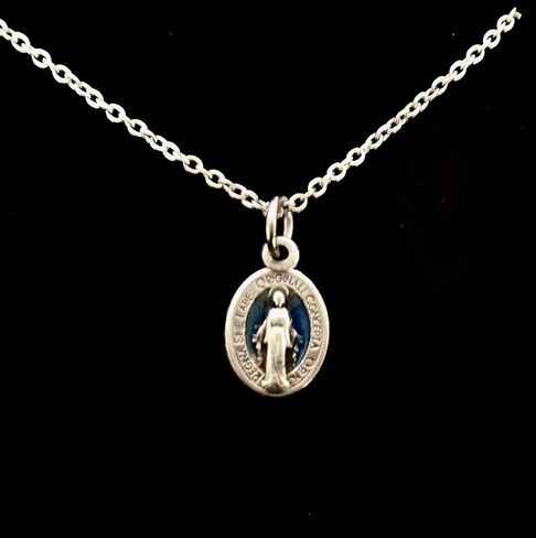 Tiny Miraculous Medal Necklace, Latin Version, Blue Enamel Accented Medal measures (.5 Inches), 20" Stainless Steel Cable Chain in Kuwait