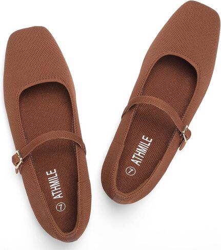 ATHMILE Square Toe Ballet Flats Mary Janes Shoes Women with Padded Heel & Adjustable Strap, Knit Slip-On Flats for Women for Office, Dressy & Casual, Machine Washable for Easy Care in Kuwait