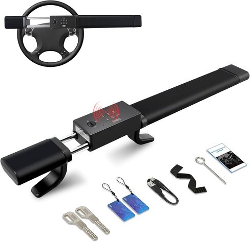 TIPHOPE 4 in 1 Smart Steering Wheel Lock with Digital Keypad,NFC,Card & Keys Unlocking,Adjustable Anti Theft Locking Device with Incorrect Entry Alarm & Anti-Tamper Alarm&Window Breaker for Car Truck in Kuwait