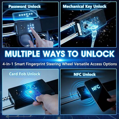 TIPHOPE 4 in 1 Smart Steering Wheel Lock with Digital Keypad,NFC,Card & Keys Unlocking,Adjustable Anti Theft Locking Device with Incorrect Entry Alarm & Anti-Tamper Alarm&Window Breaker for Car Truck in Kuwait