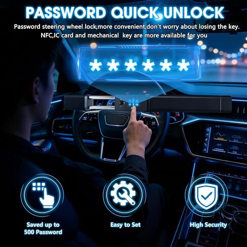 TIPHOPE 4 in 1 Smart Steering Wheel Lock with Digital Keypad,NFC,Card & Keys Unlocking,Adjustable Anti Theft Locking Device with Incorrect Entry Alarm & Anti-Tamper Alarm&Window Breaker for Car Truck in Kuwait