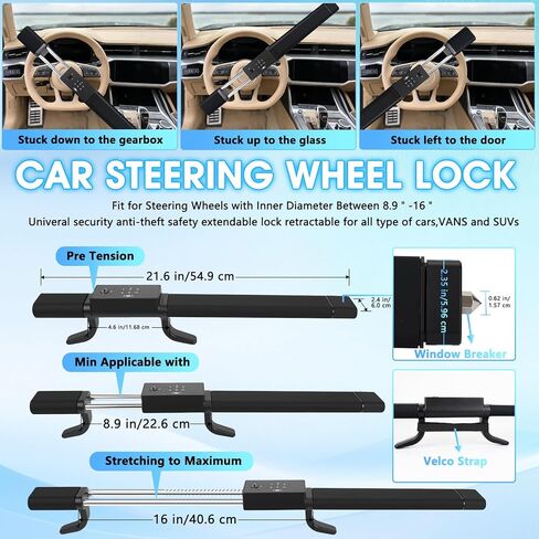 TIPHOPE 4 in 1 Smart Steering Wheel Lock with Digital Keypad,NFC,Card & Keys Unlocking,Adjustable Anti Theft Locking Device with Incorrect Entry Alarm & Anti-Tamper Alarm&Window Breaker for Car Truck in Kuwait