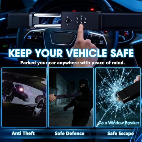 TIPHOPE 4 in 1 Smart Steering Wheel Lock with Digital Keypad,NFC,Card & Keys Unlocking,Adjustable Anti Theft Locking Device with Incorrect Entry Alarm & Anti-Tamper Alarm&Window Breaker for Car Truck in Kuwait