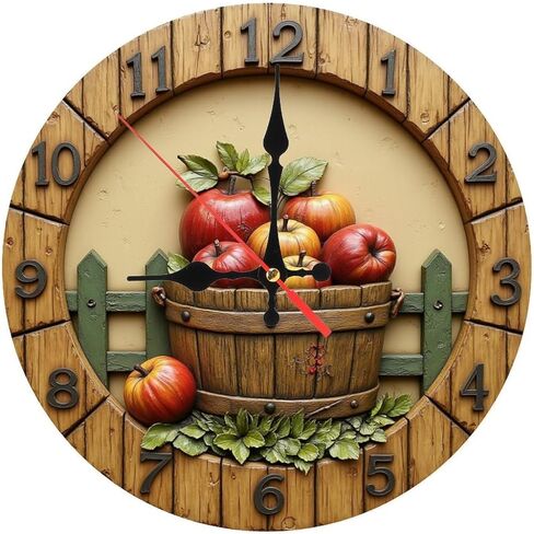 Rustic Fruit Bucket Round Wall Clock - 10 Inch Non-Ticking Decorative Clocks for Play Room Living Room Bedroom Decor in Saudi Arabia