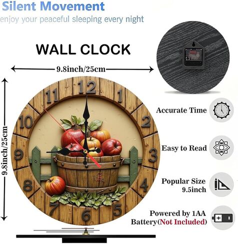 Rustic Fruit Bucket Round Wall Clock - 10 Inch Non-Ticking Decorative Clocks for Play Room Living Room Bedroom Decor in Saudi Arabia
