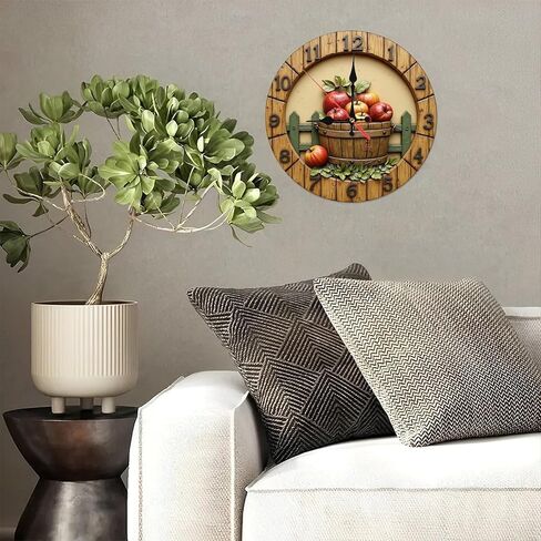 Rustic Fruit Bucket Round Wall Clock - 10 Inch Non-Ticking Decorative Clocks for Play Room Living Room Bedroom Decor in Saudi Arabia
