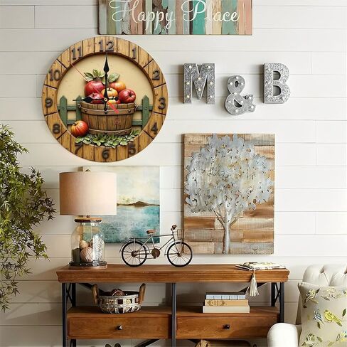 Rustic Fruit Bucket Round Wall Clock - 10 Inch Non-Ticking Decorative Clocks for Play Room Living Room Bedroom Decor in Saudi Arabia