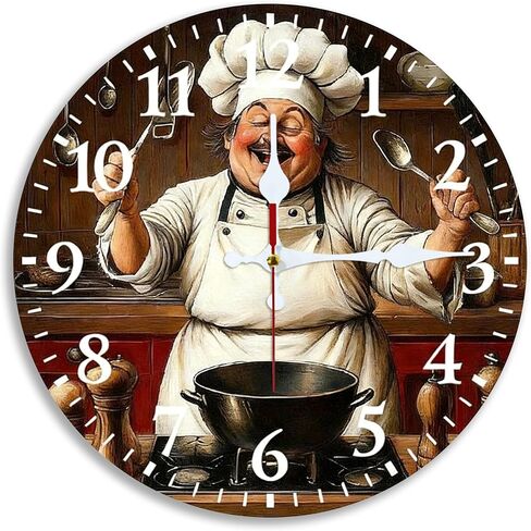 Wall Clock, Silent Non Ticking Battery Operated,Cheerful Chef Vintage Clock Decorative for Bathroom Kitchen Bedroom 10 inch & 12 inch, Ships Next Day，No Battery in Saudi Arabia
