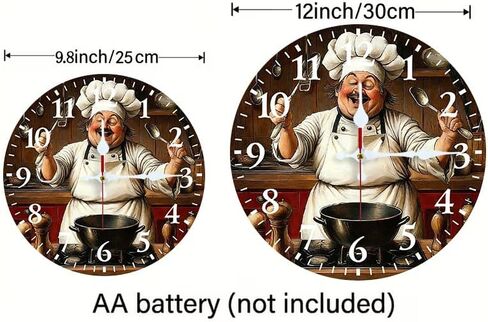 Wall Clock, Silent Non Ticking Battery Operated,Cheerful Chef Vintage Clock Decorative for Bathroom Kitchen Bedroom 10 inch & 12 inch, Ships Next Day，No Battery in Saudi Arabia