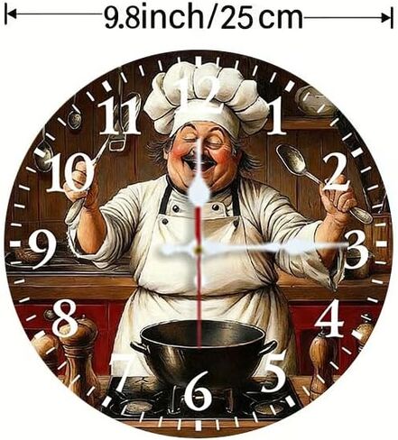 Wall Clock, Silent Non Ticking Battery Operated,Cheerful Chef Vintage Clock Decorative for Bathroom Kitchen Bedroom 10 inch & 12 inch, Ships Next Day，No Battery in Saudi Arabia