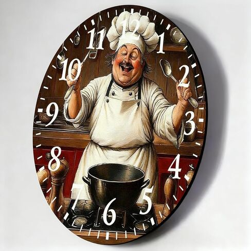 Wall Clock, Silent Non Ticking Battery Operated,Cheerful Chef Vintage Clock Decorative for Bathroom Kitchen Bedroom 10 inch & 12 inch, Ships Next Day，No Battery in Saudi Arabia