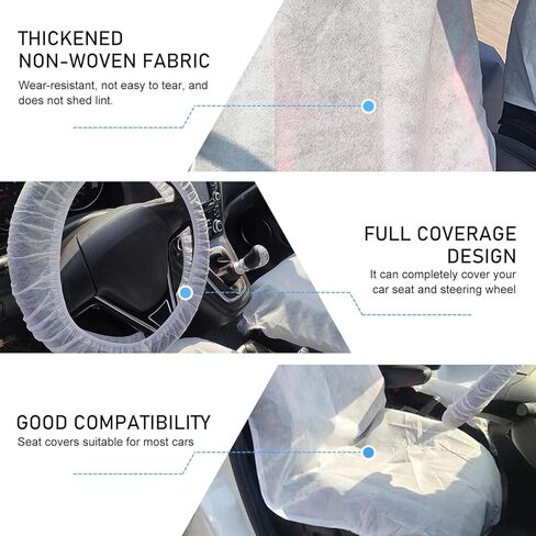 4PCS Disposable Car Seat Covers, Thickened Non-Woven Fabric with Elastic for Front Seats, Steering Wheel, Gear Shift Knob, for Avoiding Scuffs & Scratches (White) in Kuwait