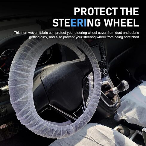 4PCS Disposable Car Seat Covers, Thickened Non-Woven Fabric with Elastic for Front Seats, Steering Wheel, Gear Shift Knob, for Avoiding Scuffs & Scratches (White) in Kuwait