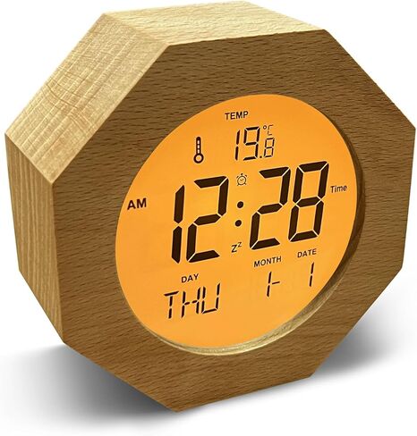 JoFomp Wooden Alarm Clock for Bedroom, 4'' LCD Nightlight Small Digital Clock Battery Operated, Loud Alarm Clock for Heavy Sleepers, Alarm Bedside Clock with Temp/Snooze/Date/Week/Countdown - 12/24H in Kuwait