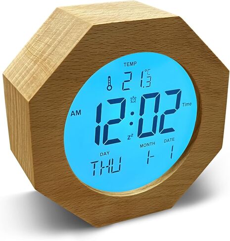 JoFomp Wooden Alarm Clock for Bedroom, 4'' LCD Nightlight Small Digital Clock Battery Operated, Loud Alarm Clock for Heavy Sleepers, Alarm Bedside Clock with Temp/Snooze/Date/Week/Countdown - 12/24H in Saudi Arabia