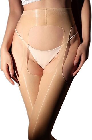 Women Shiny Oil Suspender Tights Open Crotch Sheer Seamless Pantyhose High Waist Stockings 5D in Saudi Arabia