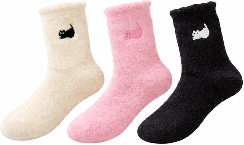 جوارب Fuzzy Cat للنساء - جوارب قطيفة ناعمة، جوارب دافئة منفوشة مع قطة مطرزة لطيفة، مقاس واحد 6-10.5، عبوة من 3 قطع (أبيض، وردي، أسود) in Saudi Arabia