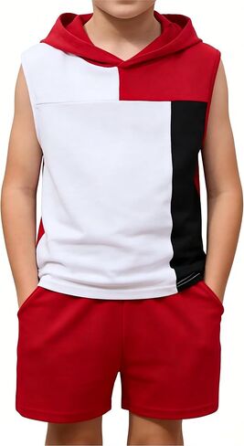 طقم ملابس للأولاد شورتات وقميص بدون أكمام بغطاء للرأس طقم ملابس للأولاد مقاس 7-14 سنة in Kuwait