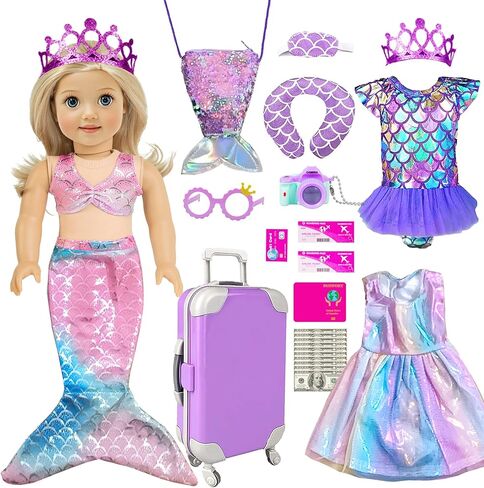 Mermaid 18 inch Doll Clothes and Doll Accessories Case Luggage Travel Play Set Include Suitcase, Dresses, Bag, Camera, Glasses, Pillow, Eyeshade Etc (No Doll) in Kuwait