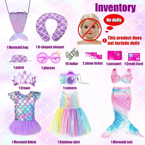 Mermaid 18 inch Doll Clothes and Doll Accessories Case Luggage Travel Play Set Include Suitcase, Dresses, Bag, Camera, Glasses, Pillow, Eyeshade Etc (No Doll) in Kuwait