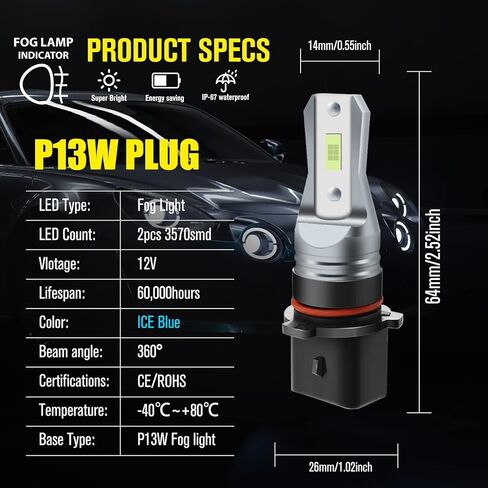 AC/DC 9-36V P13W LED لمبة الضباب الزرقاء الجليدية، 3800LM فائقة السطوع 2x45mil 5730 رقائق 12277 SH23W LED لمبات السيارات والشاحنات، غير قطبية.2-حزم. in Kuwait