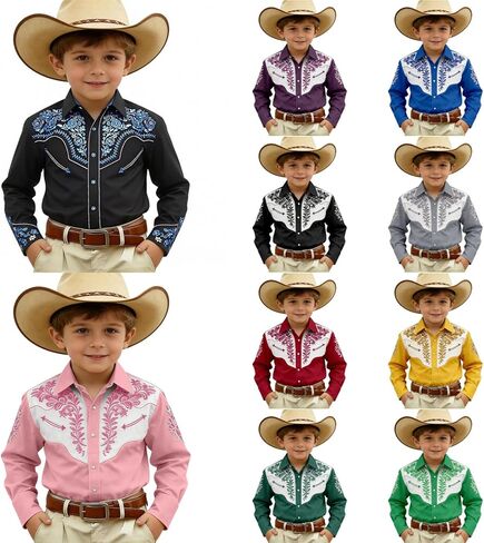 Boys Western Shirts Long Sleeve Pearl Snap Button Down Cowboy Shirt Toddler Kids Lapel Retro Country Tops 4-13 Years in Saudi Arabia
