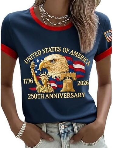 250 Anniversary USA Shirt for Women Retro Statue of Liberty Pullover Top Casual Short-Sleeved Patriotic Shirt in Saudi Arabia
