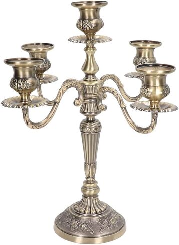 شمعدان معدني 5 شموع، حامل شمعدان بطول 25.4 سم و5 أذرع للشموع المستدقة، قطع مركزية حامل شموع قوطية عتيقة لديكور المنزل، وديكور المناسبات، والزفاف، والذكرى السنوية، والحفلات in Kuwait