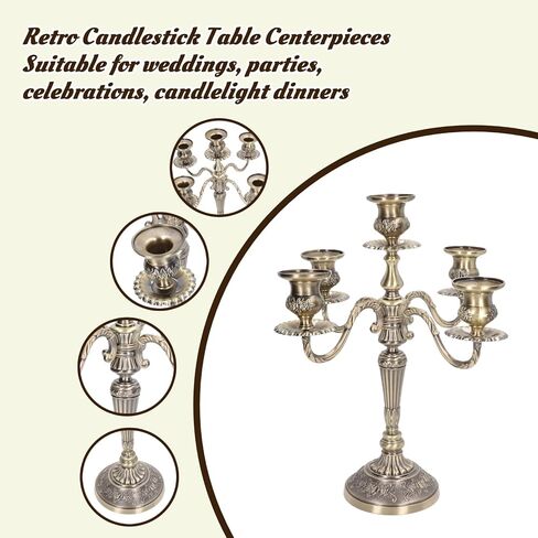 شمعدان معدني 5 شموع، حامل شمعدان بطول 25.4 سم و5 أذرع للشموع المستدقة، قطع مركزية حامل شموع قوطية عتيقة لديكور المنزل، وديكور المناسبات، والزفاف، والذكرى السنوية، والحفلات in Kuwait