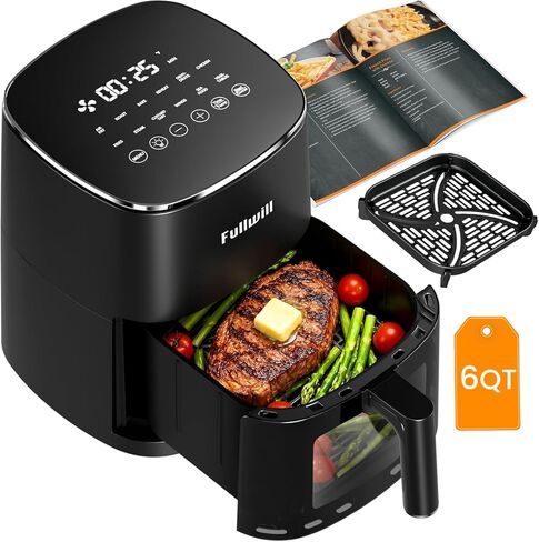 Fullwill Vision Pro 6Qt Air Fryer مع نافذة مشاهدة ، وقاعدة وتدفئة أعلى ، و 12 مسبقًا لأجنحة الدجاج ، وشرائح اللحم ، والبطاطا ، والبيتزا والمزيد ، وخالية من الالتصاق وخالية من PFOA ، وخالية من الزيوت وخالية من الزيت للوجبات الصحية in Kuwait