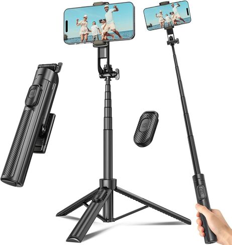 Selfie Stick Travel Tripod for Cell Phone with Remote Control and Phone Holder, Extendable Selfie Stick for iPhone, iPhone Tripod for Video Recording, 63 Inch, Black in Kuwait