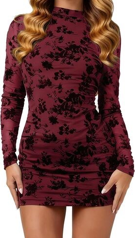 Women's Out Back Mock Neck Floral Mesh Long Sleeve Bodycon Mini Club Dress in Kuwait