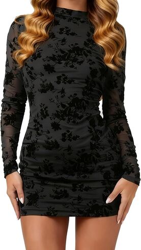 Women's Out Back Mock Neck Floral Mesh Long Sleeve Bodycon Mini Club Dress in Saudi Arabia