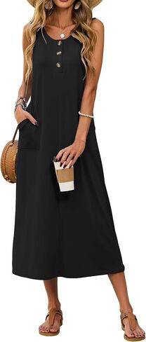 SimpleFun Womens Summer Dresses Casual Midi Sleeveless Button Front Beach Dress Vacation Sundresses with Pockets in Kuwait