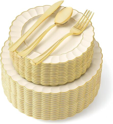 125-Piece White, Pink, and Gold Fancy Plastic Plates Disposable with Silverware, Elegant Dinnerware for Weddings, Holiday Party China, Set of 25 Dinner + Salad Plates, 25 Spoons, 25 Forks, 25 Knives in Saudi Arabia