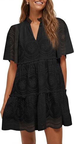 Wenrine Womens Summer Eyelet Dress Short Sleeve Babydoll V Neck Hollow Out Lace Ruffle Casual Beach Mini Tunic Dresses in Saudi Arabia