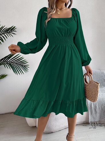Square Neck Dress for Women Smocked Waist Long Sleeve Causal A-Line Swing Flowy Beach Ruffle Long Dresses in Saudi Arabia