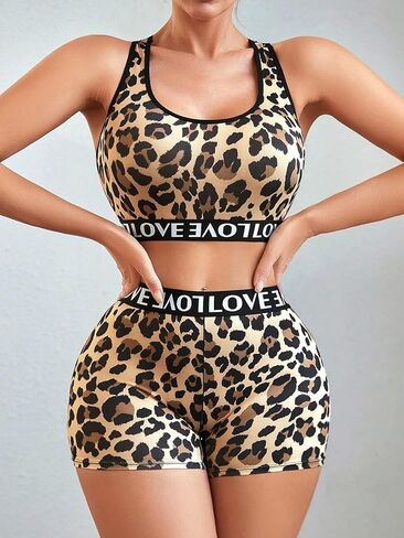 Women's 2 Pieces Lingerie Set Leopard Letter Racerback Bras and High Waisted Boyshorts Underwear in Saudi Arabia