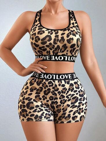 Women's 2 Pieces Lingerie Set Leopard Letter Racerback Bras and High Waisted Boyshorts Underwear in Saudi Arabia